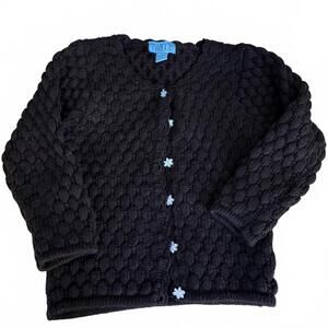 TWIGGY black bobble-knit Wool Blend cardigan light blue flower buttons SZ L